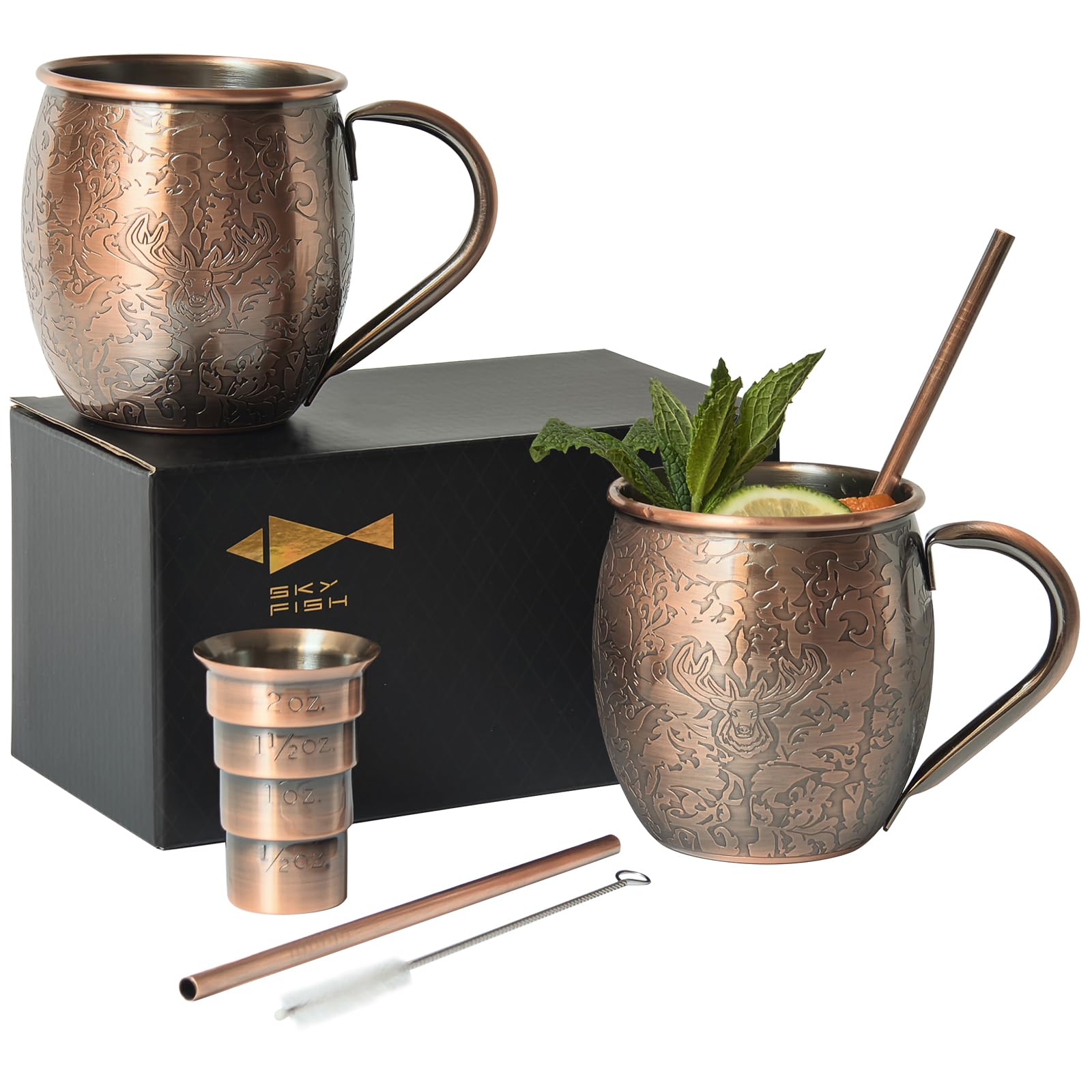 SKY FISH Moscow Mule Mugs, 3D Embossed Cocktail Glasses Set of 2, 500ml Stainless Steel Wine Cups, Drinking Gifts for Him, Handwash, Antique Copper Finish
