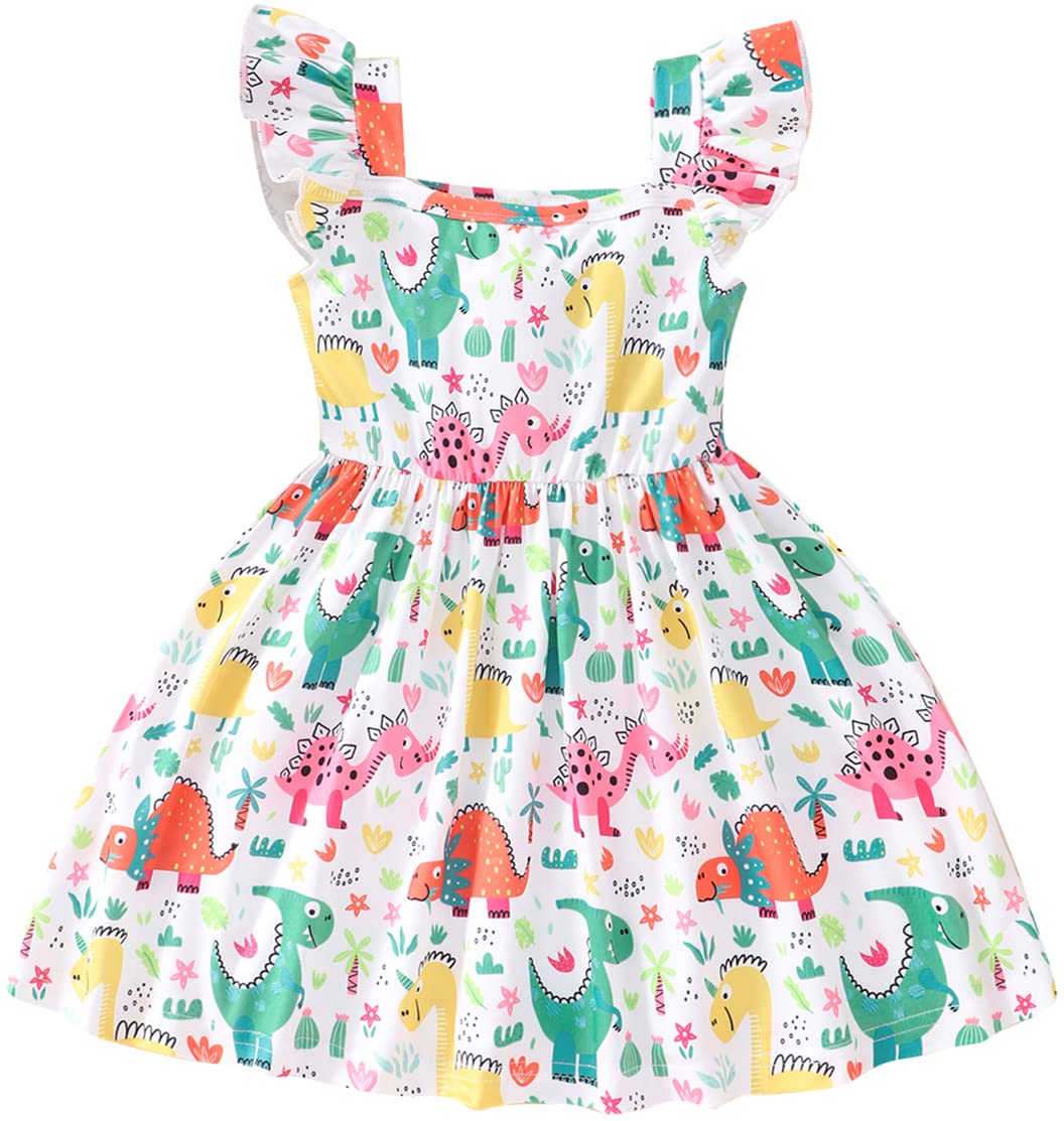 Photo 1 of Popshion Girls Dinosaur Dresses Easter Flutter Sleeve Sundress Kids Summer Sleeveless Clothes Toddler Dino Dress 2t / 18-24 Months