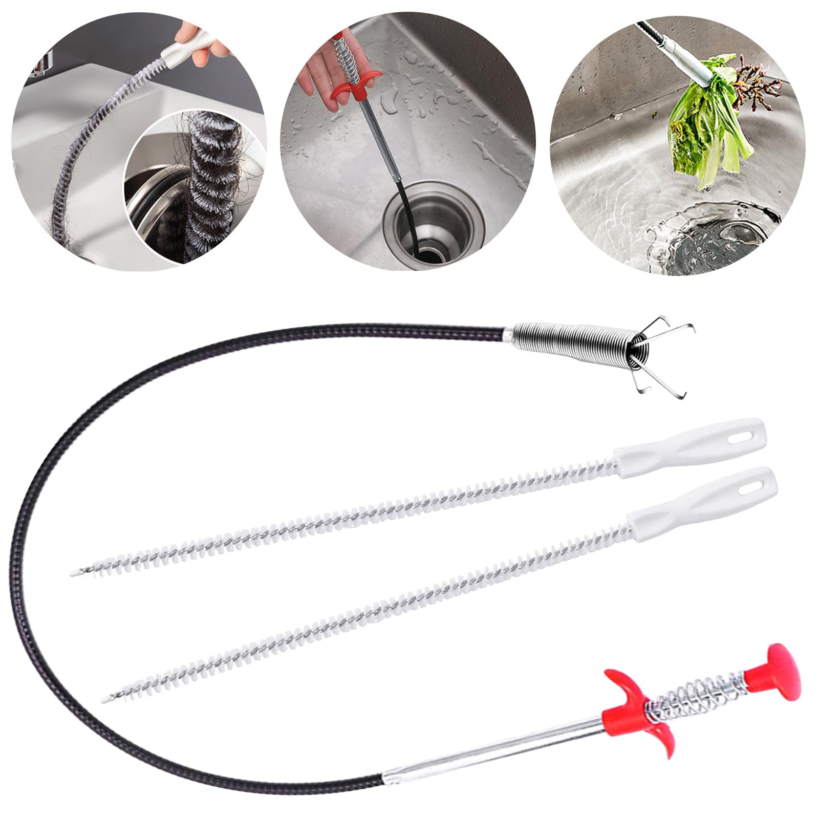 Drain Snake Bathroom Sink Shower Bath Toilet Pipe Hair Plug Unblocker Cleaner Remover Brush Tool Long Handled, 2+1 Pack