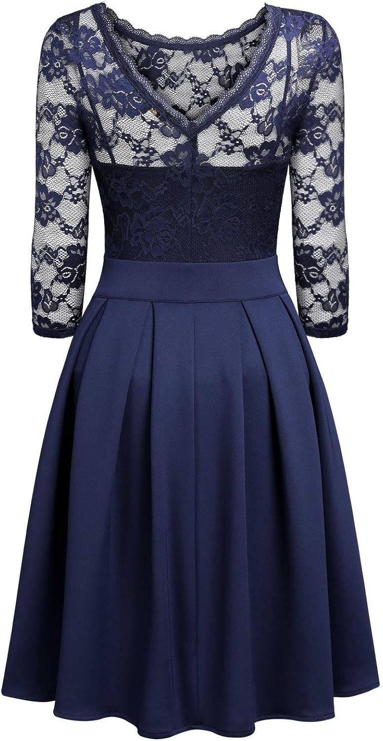 Miusol Women's Vintage Floral Lace 2/3 Sleeve Bridesmaid Party Dress: Clothing