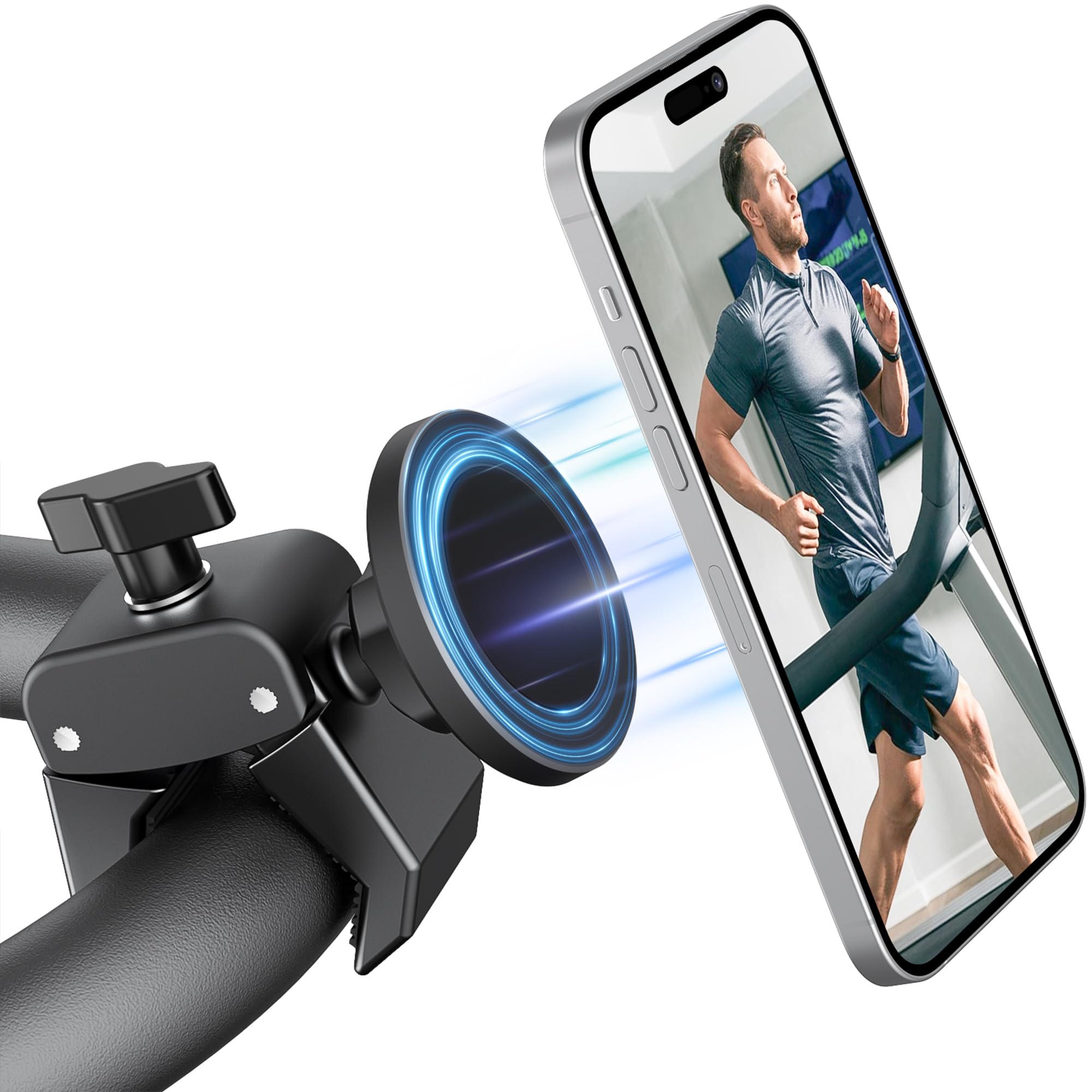 Phone Holder for Peloton Bike, Magnetic Phone Mount Clamp, 20X N52 Magnets, 360° Rotate & ±45° Tilt, for Treadmill/Spin Bike/Stroller/Shopping Cart/Golf Cart, Compatible w/ MagSafe iPhone 12–17 Series