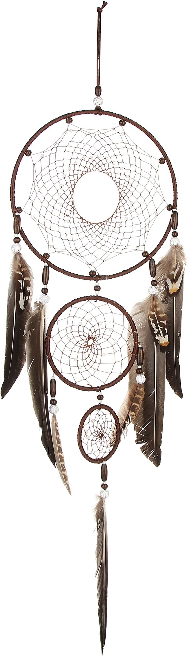 Jelord Dream Catchers Brown Handmade Beaded Feather Dreamcatcher Circular Net For Car Kids Bed Room Wall Hanging Decoration Decor Ornament Craft, Dia 7.87inch/20cm Length 31.5inch/80cm (E)