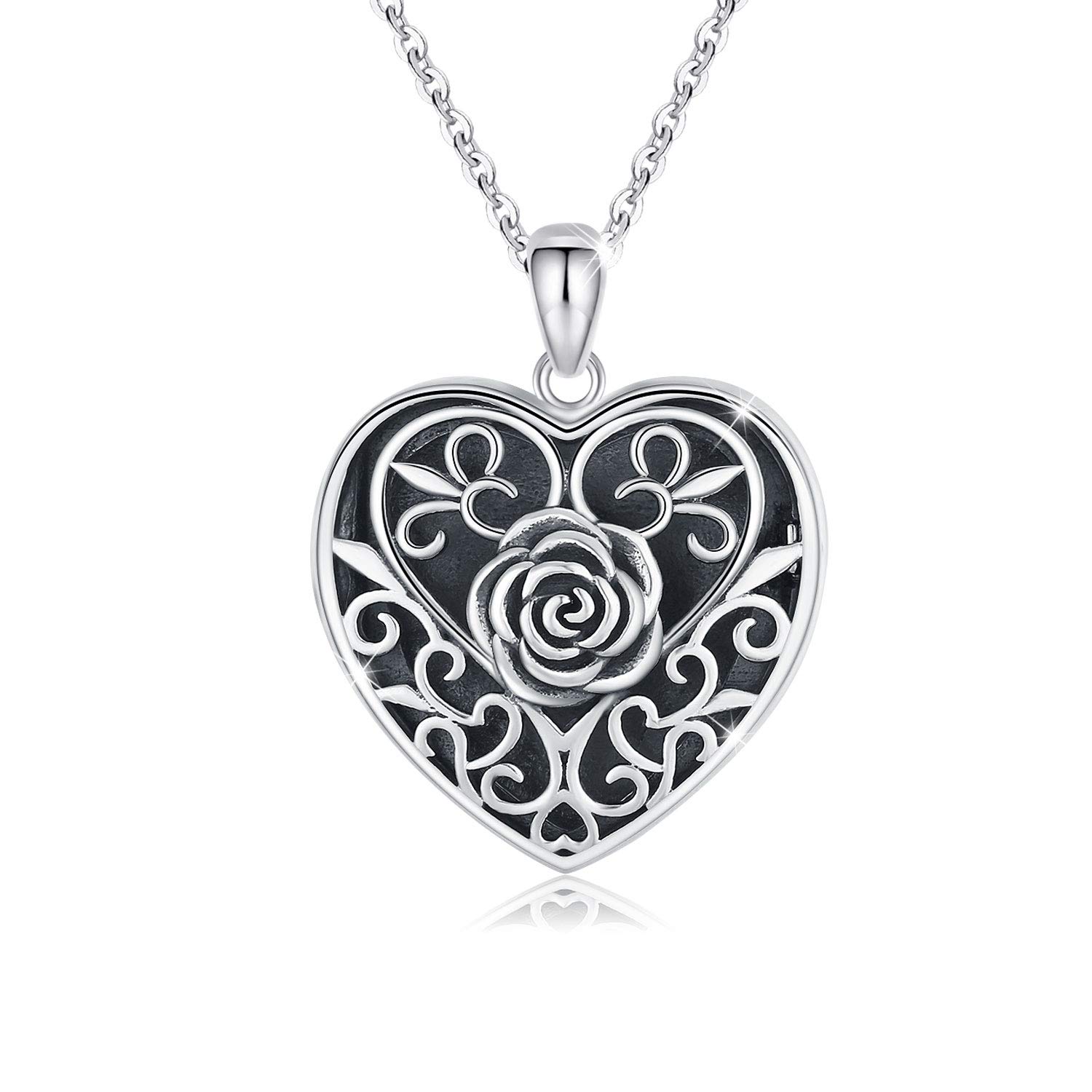 TANGPOET Locket Necklace for Women 925 Sterling Silver Heart Rose Flower Photo Picture Pendant, Memorial Gifts, Birthday Jewellery Gifts for Mum Daughter Grandmother — image 1