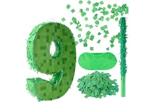 Number Mini Pixel Piñata, Green Pixel Birthday Party Decorations with Stick Blindfold Confetti Piñata Party Set for Birthday 