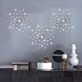ZEXUIRU 3 Pack Silver Sunburst Wall Decor – Metal Crystal Wall Art with Sparkling Rhinestones, 14’’/18 Inch Starburst Wall Hanging Set for Living Room Bedroom Bathroom – Modern Bling Home Decorations