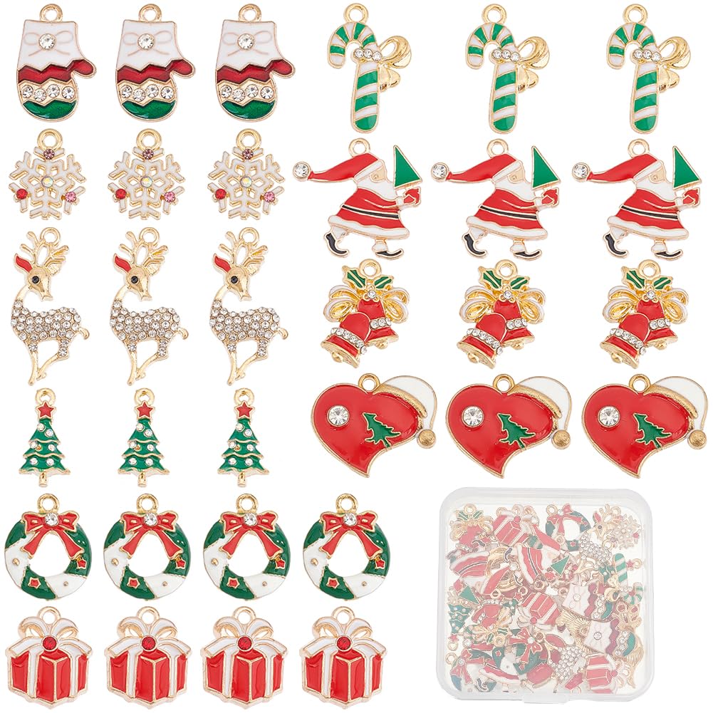 SUNNYCLUE 1 Box 40pcs 10 Styles Christmas Charms Bulk Snowman Charm Snowflakes Christmas Tree Santa Enamel Rhinestone Holiday Charm for jewellery Making Charms DIY Necklace Earring Women Adults Craft