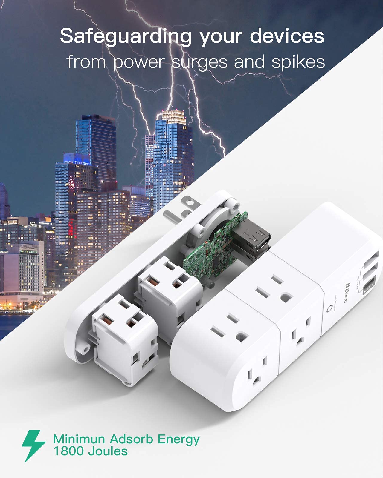 USB Outlet Extender Surge Protector - with Rotating Plug, 6 AC Multi Plug and 3 Ports (1 C), 1800 Joules, 3-Sided Swivel Power Strip Spaced Splitter for Home, Office, Travel