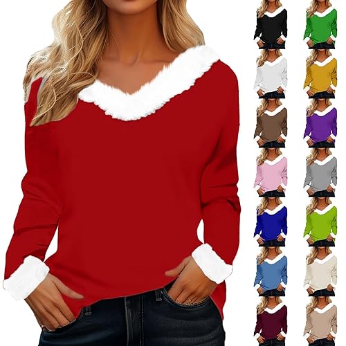 womens sweatshirts uk,Christmas Jumpers for Women Winter Fall Costume Plush Pullover Top Casual Loose Fit Long Sleeve V-Neck Elegant Tunic Tops Oversized Sweatshirts Outfit,womens jumper,S 1-Red
