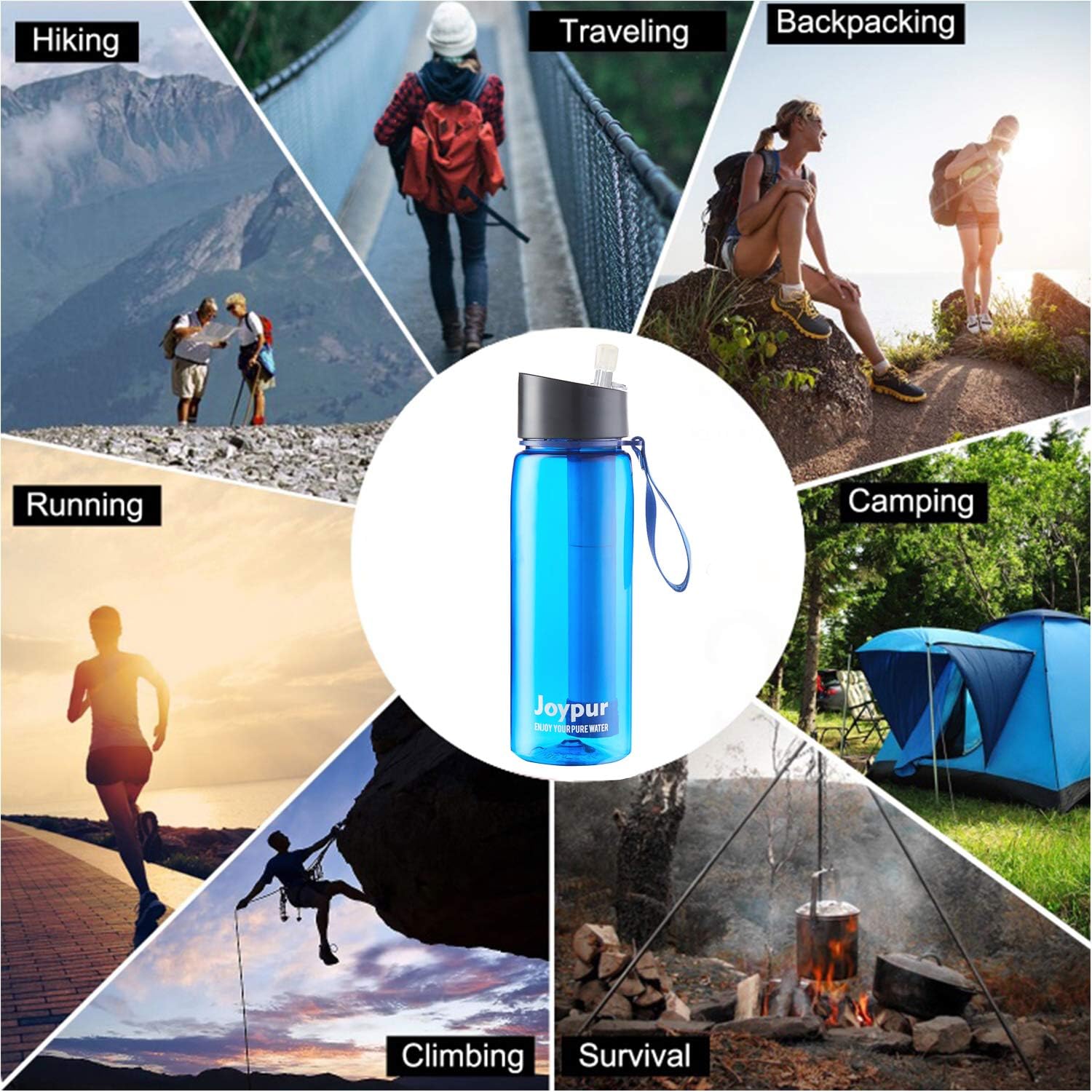 joypur Water Filter Bottle, BPA Free Water Purifier with 4-Stage Intergrated Filter Straw for Camping, Hiking, Travel Abroad, Emergency, Backpacking, Survival with Replaceable Filter, Blue (1pack) : Sports & Outdoors