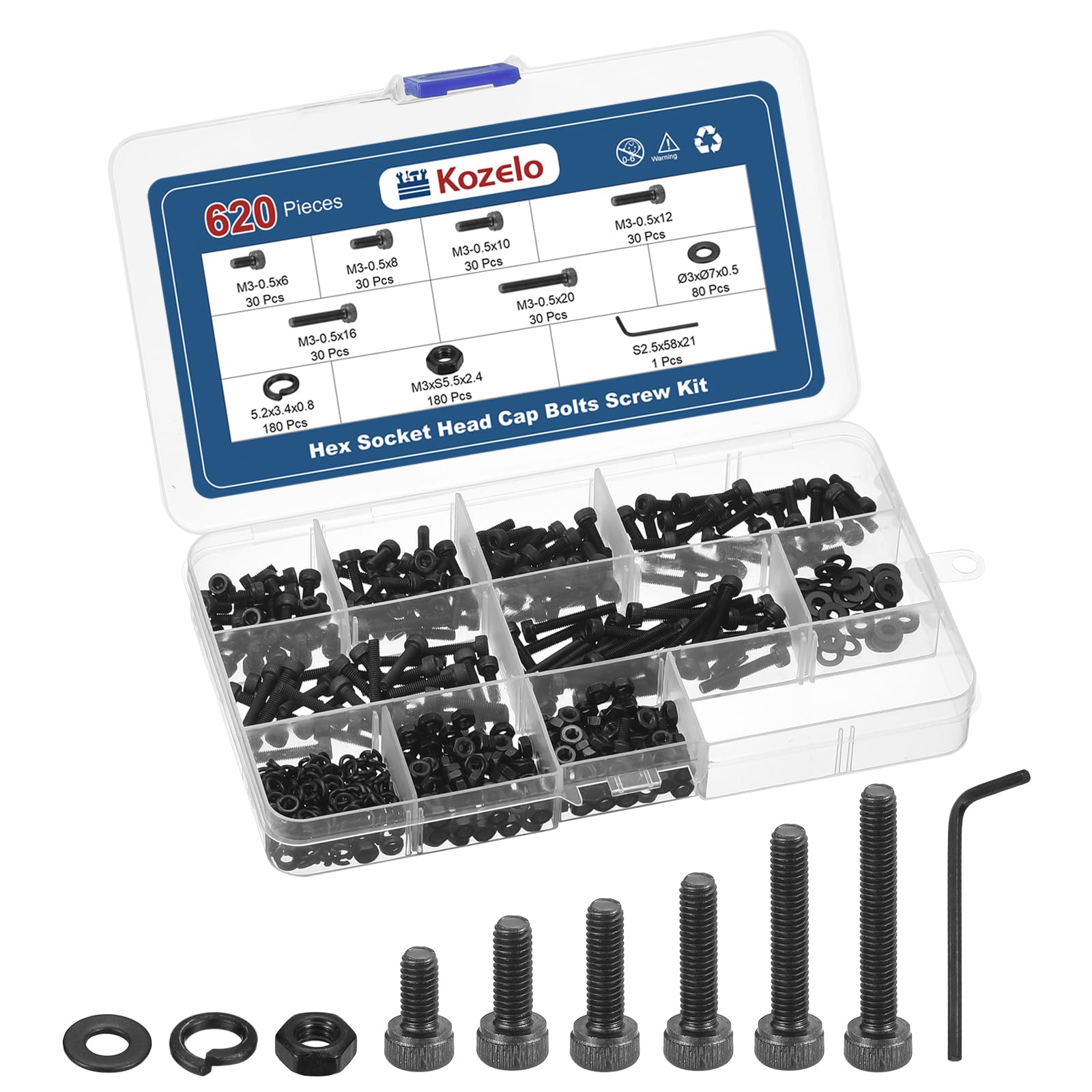 Kozelo 620pcs M3 Socket Head Cap Screws Bolts Nuts Assortment Kit - [M3x6/8/10/12/16/20mm] Alloy Steel Fully Threaded Black Oxide 12.9 Internal Hex Screw for 3D Printer Use, with Wrench — image 1