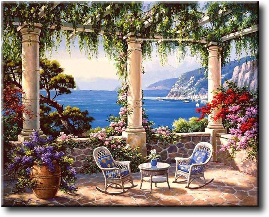 Shukqueen DIY Oil Painting, Adult's Paint by Number Kits, Acrylic Painting Garden Balcony by The Sea 16X20 Inch (Framed Canvas)