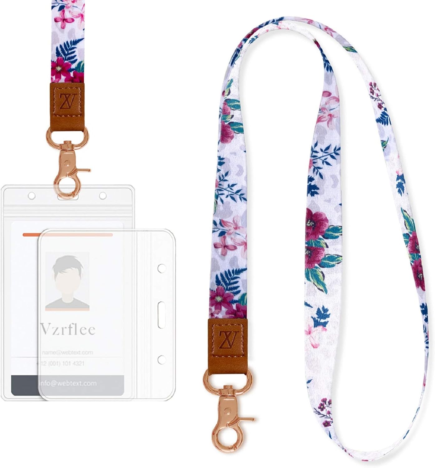 Lanyard with ID Holder for Women, Vzrflee Fashion Cute Lanyards with 2 Pieces Clear Thick ID Holders and Name Badge Holder Clip for Badge, Keys, Phone, Card, Wallet and More (Rhododendrons)
