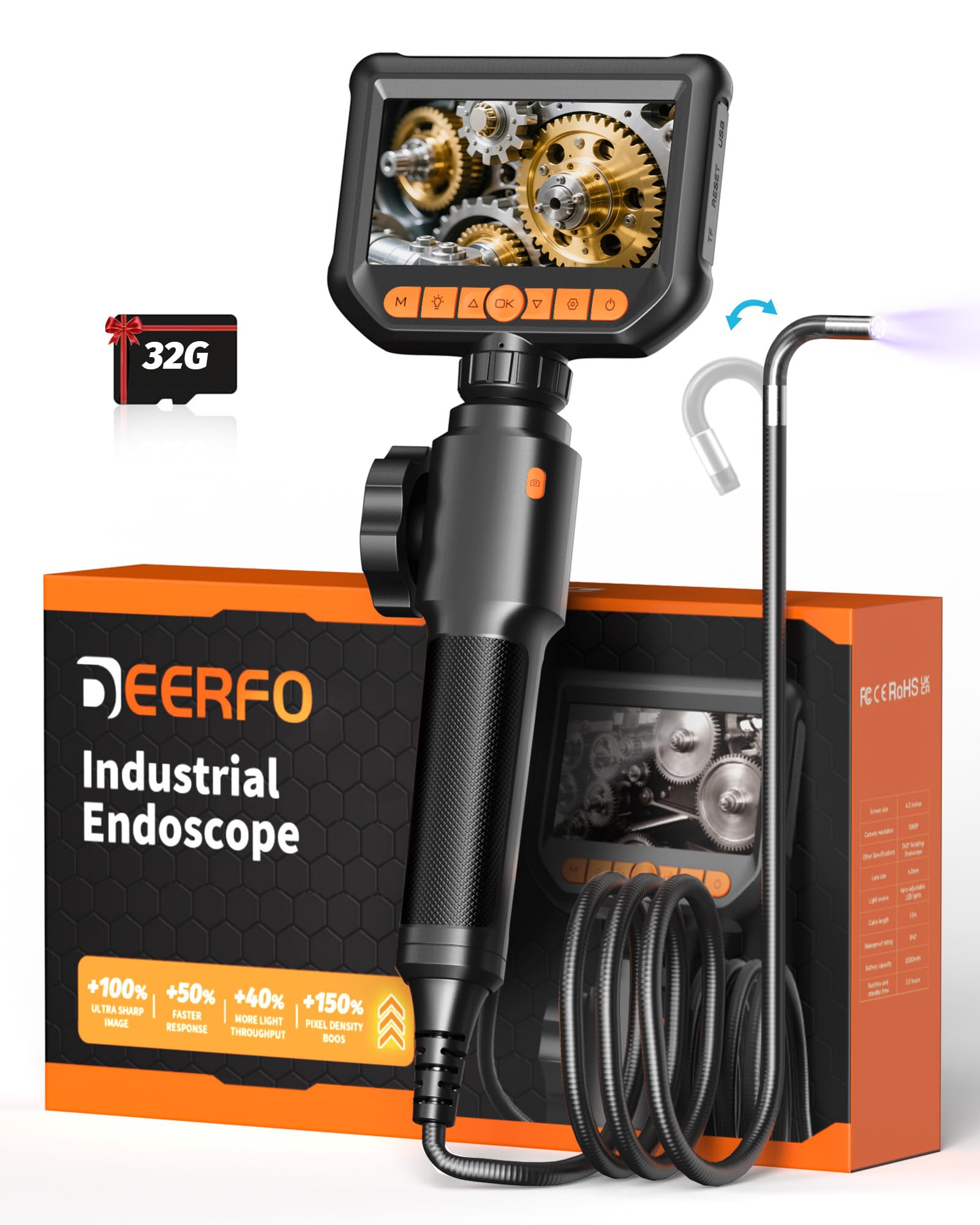 Photo 1 of 2-Way Articulating Borescope Camera with Light, 0.24 in Endoscope, 1080P HD Snake Inspection Camera, 4.3" Screen, 5FT Flexible Cable for Sewer Pipe Plumbing HVAC Automotive Wall, Video & Photo, DEERFO