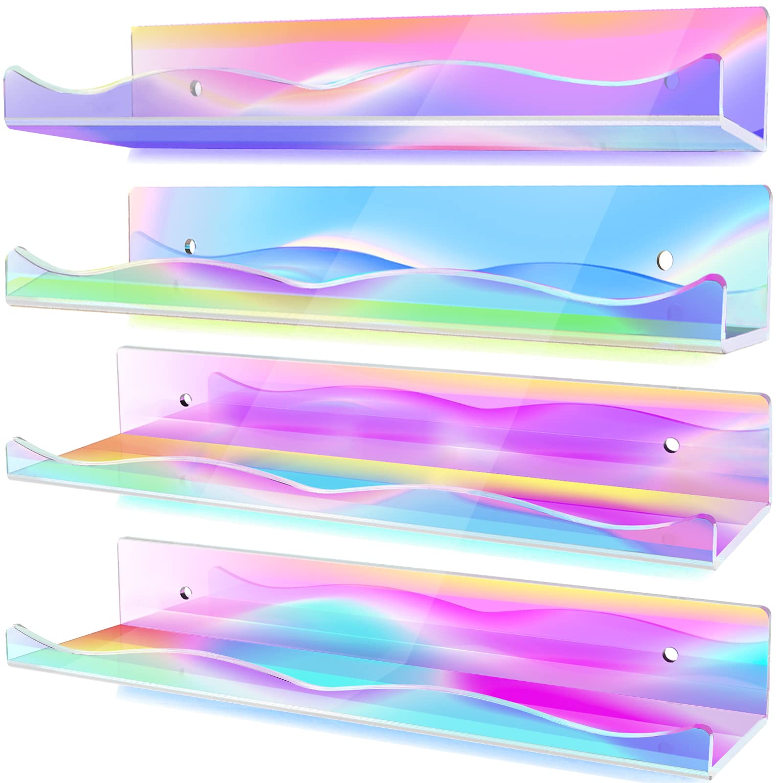 Photo 1 of DILIBRA 4 Packs Iridescent Acrylic Floating Shelves, 15.7 Inch Clear Acrylic Display Shelf Wall Mounted, Invisible Set up for Funko Pop Display Shelves Wall Ledge Bookshelf for Kids Room Bathroom Dorm