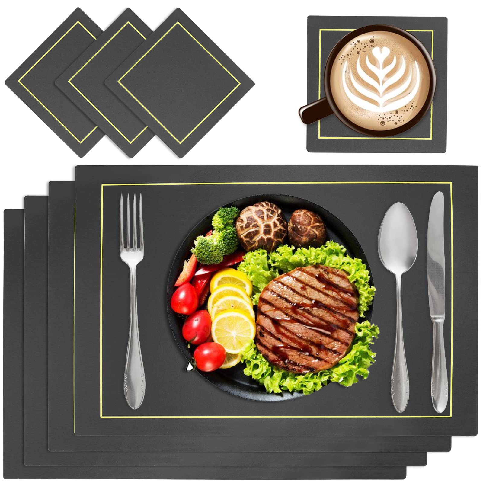 Ocves Placemats and Coasters Sets of 4, PU Leather Table Mats Heat Resistant Washable Waterproof Table Mats 43x30cm and Leather Coasters, Dinner Mats for Kitchen Dining Table Home Restaurant (Black)