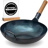 YOSUKATA 13.5” Blue Carbon Steel Wok Pan – Pre-Seasoned Flat Bottom Wok Compatible with open fire, gas, electric, ceramic, in