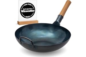 YOSUKATA 34 cm Blue Carbon Steel Wok Pan – Pre-Seasoned Flat Bottom Wok Compatible with open fire, gas, electric, ceramic ind