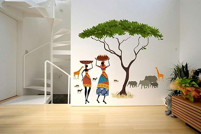 Decals Design Artistic Tribal Ladies with Animals Nature Wall Sticker (PVC Vinyl, 60 cm x 90 cm,