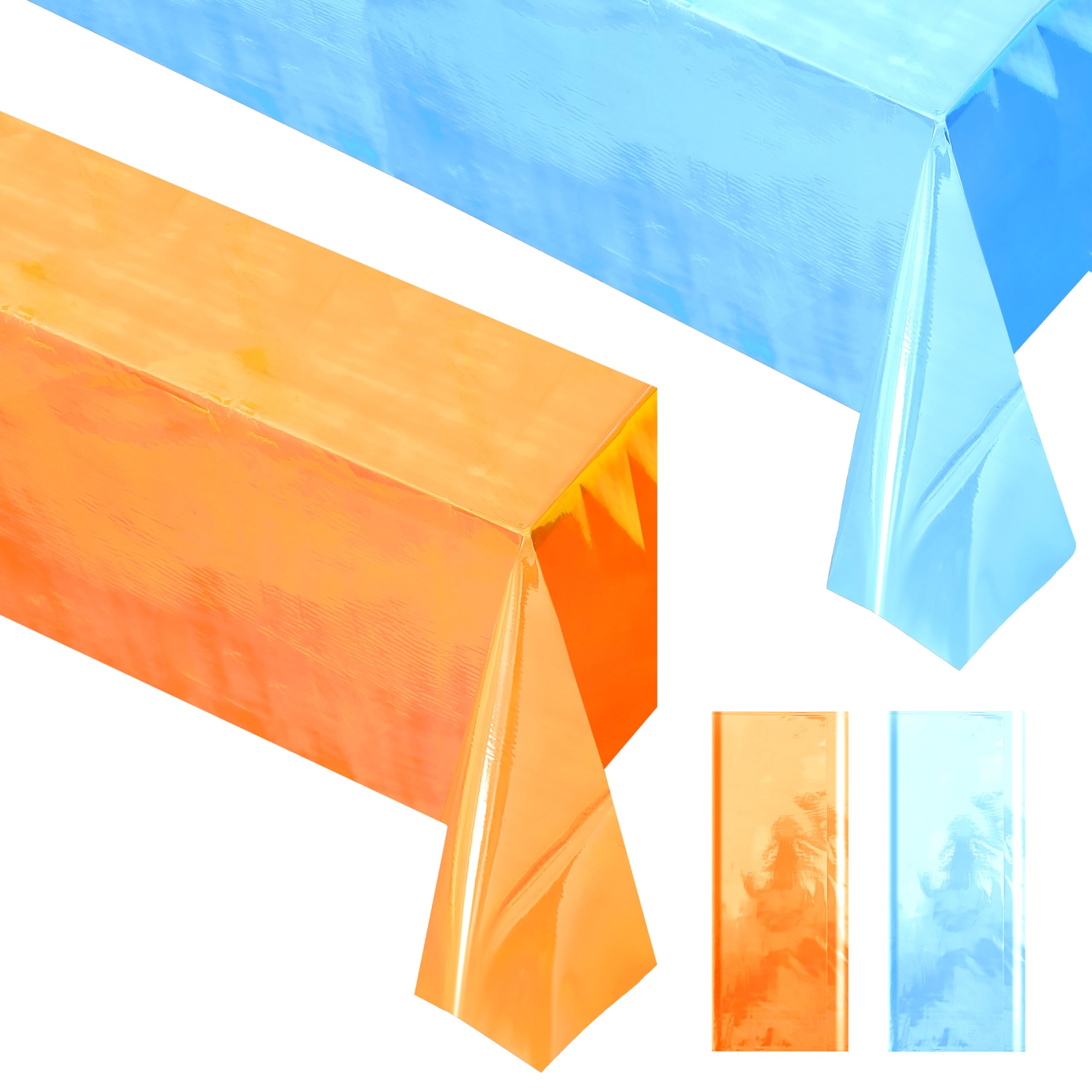 Photo 1 of 2 Pieces Orange & Blue Iridescence Tablecloth, 40 x 108“ Disposable Shiny Laser Table Cloth, Glitter Plastic Tablecloths, Holographic Iridescent Table Cover for Party Decoration, Wedding and Banquet