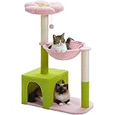 PEQULTI Flower Cat Tree with Large Metal Frame Hammock, [36.6"=93cm] Pink Cat Tower with Sisal Scratching Posts for Small Ind
