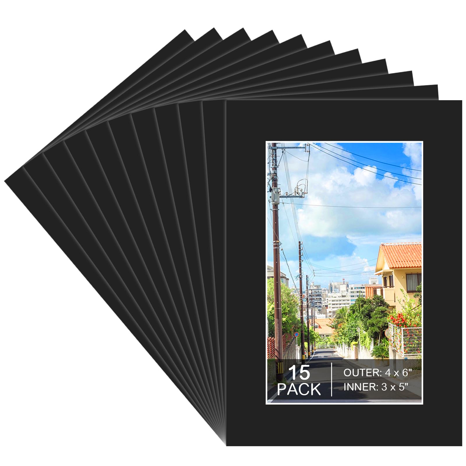 Photo 1 of 15 Pack 4x6 Black Picture Mats, Frame Mattes for 3x5 Pictures Display Photo Frame Mat Core Bevel Cut Mat Board Show Kit for Photos, Prints, Artworks