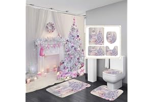 ANPOTop Christmas Pink Snow Bathroom Set Waterproof 72''x72'' Shower Curtains Non-Slip Rug Set Pedestal Rug Lid Toilet Cover Bath Mat Bathroom Decor