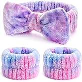 Xioldiz 3PCS Spa Headband and Wristbands Set for Women, Soft Microfiber Face Wash Headband with Cute Bow, Elastic Absorbent Wrist Towels, Makeup Skincare Accessories for Facial, Shower, Yoga