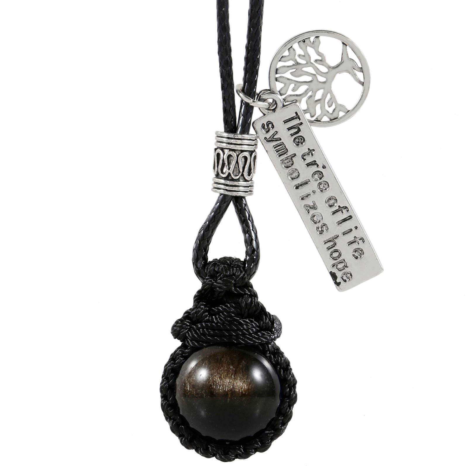 Nupuyai Braided 16mm Obsidian Round Bead Necklace for Women Men, Tree of Life Healing Crystal Pendant with Adjustable Rope 46-66cm