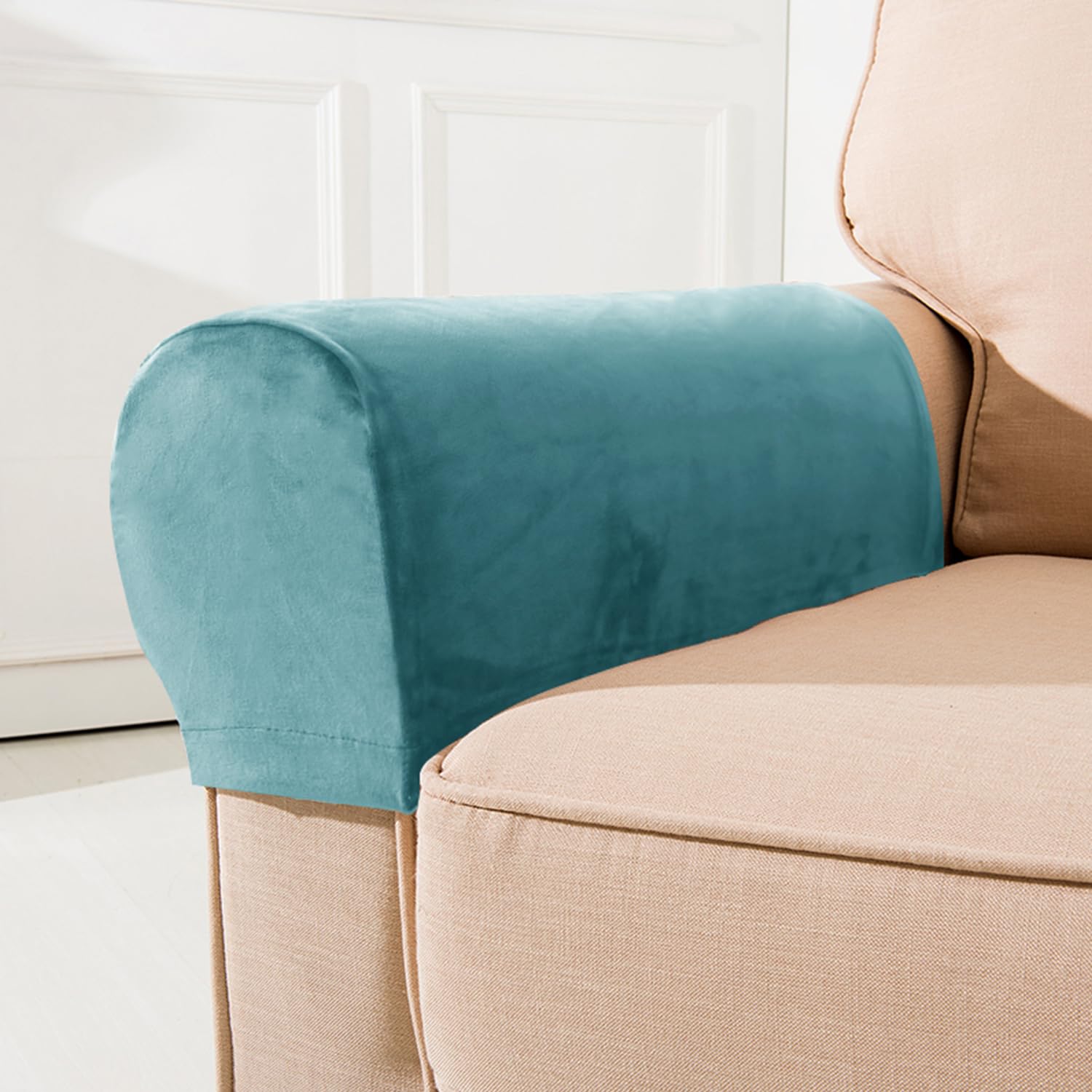 XIEHUZA Armrest Covers, Set of 2 Stretch Armchair Couch Armrest Chair Covers Anti-Slip Sofa Chair Velvet Arm Caps for Chair Furniture Protector Sofa Couches Recliner (Blue)