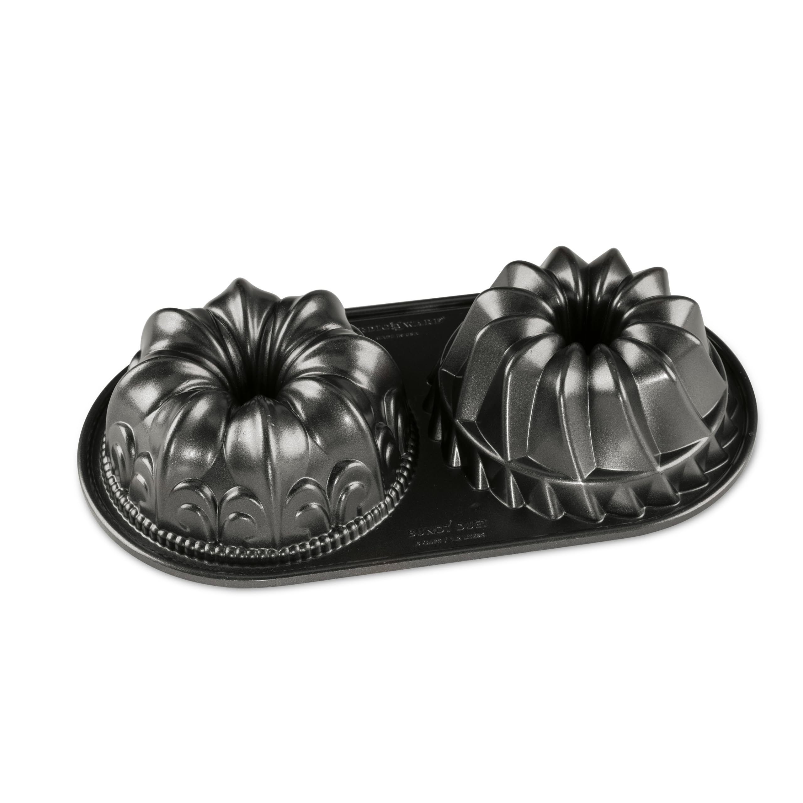 Nordic Ware Bundt Duet Pan, Cast Aluminium Bundt Tin, Bundt Cake Tin for 2 Cakes, Fleur de Lis and Kugelhopf Premium Cake Mould Made in the USA, Colour: Graphite