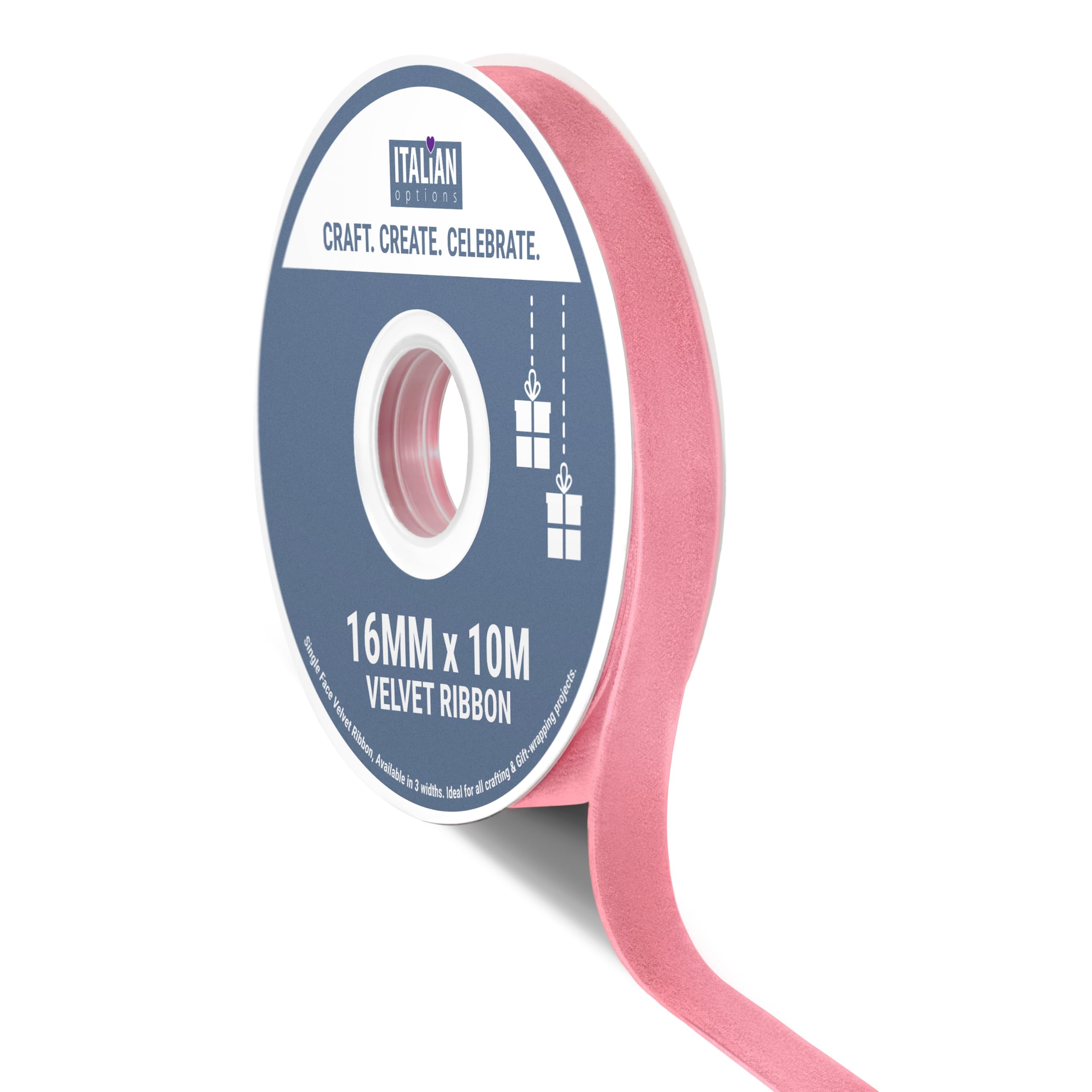 Italian Options Velvet Ribbon, Luxury, Single-Face Velvet Ribbon for Crafting, Christmas, Bows, Hair, Cakes, Weddings, Ornaments, Gift Wrapping, Flowers, 16mm x 10 Metre Roll, Vintage Pink