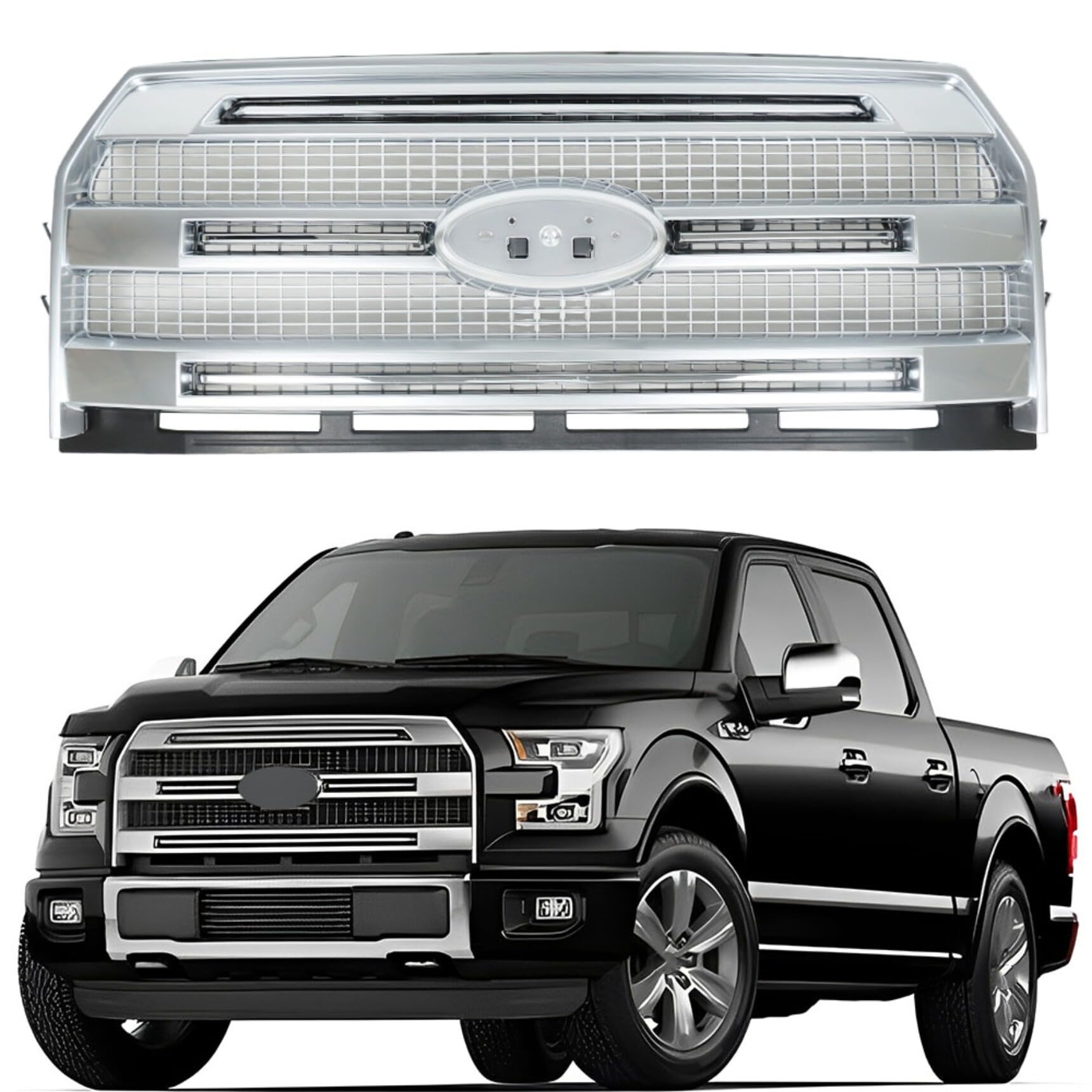 RainMan S Front Bumper Hood Grill Chrome for 2015-2017 Ford F-150 (FL3Z-8200-MA Replacement, No Camera)