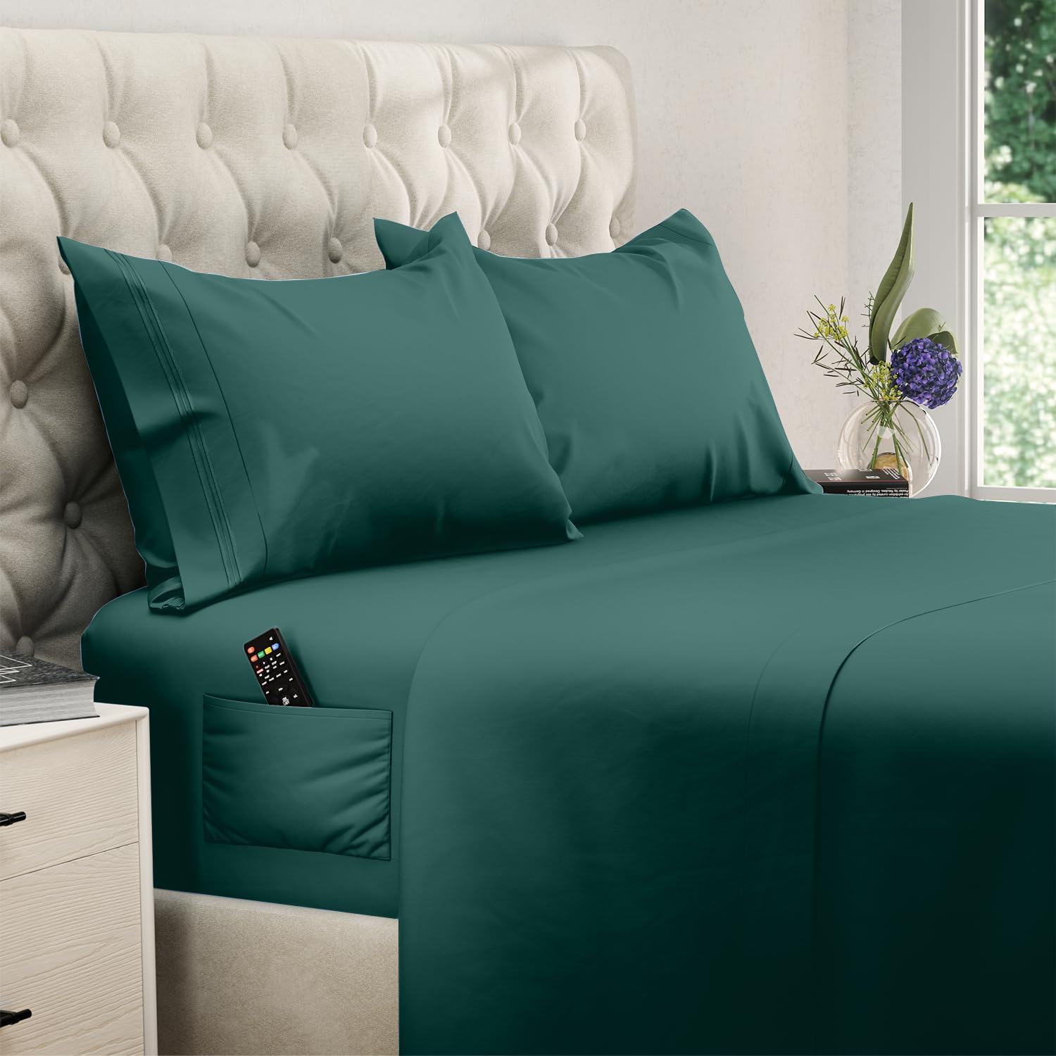 DREAMCARE Twin XL Sheets Set - 4 Pcs Cooling Bed Sheets with Up to 15" Deep Pockets - Soft, Long-Lasting 100% Brushed Polyester with Side Pocket (Emerald Green) Image