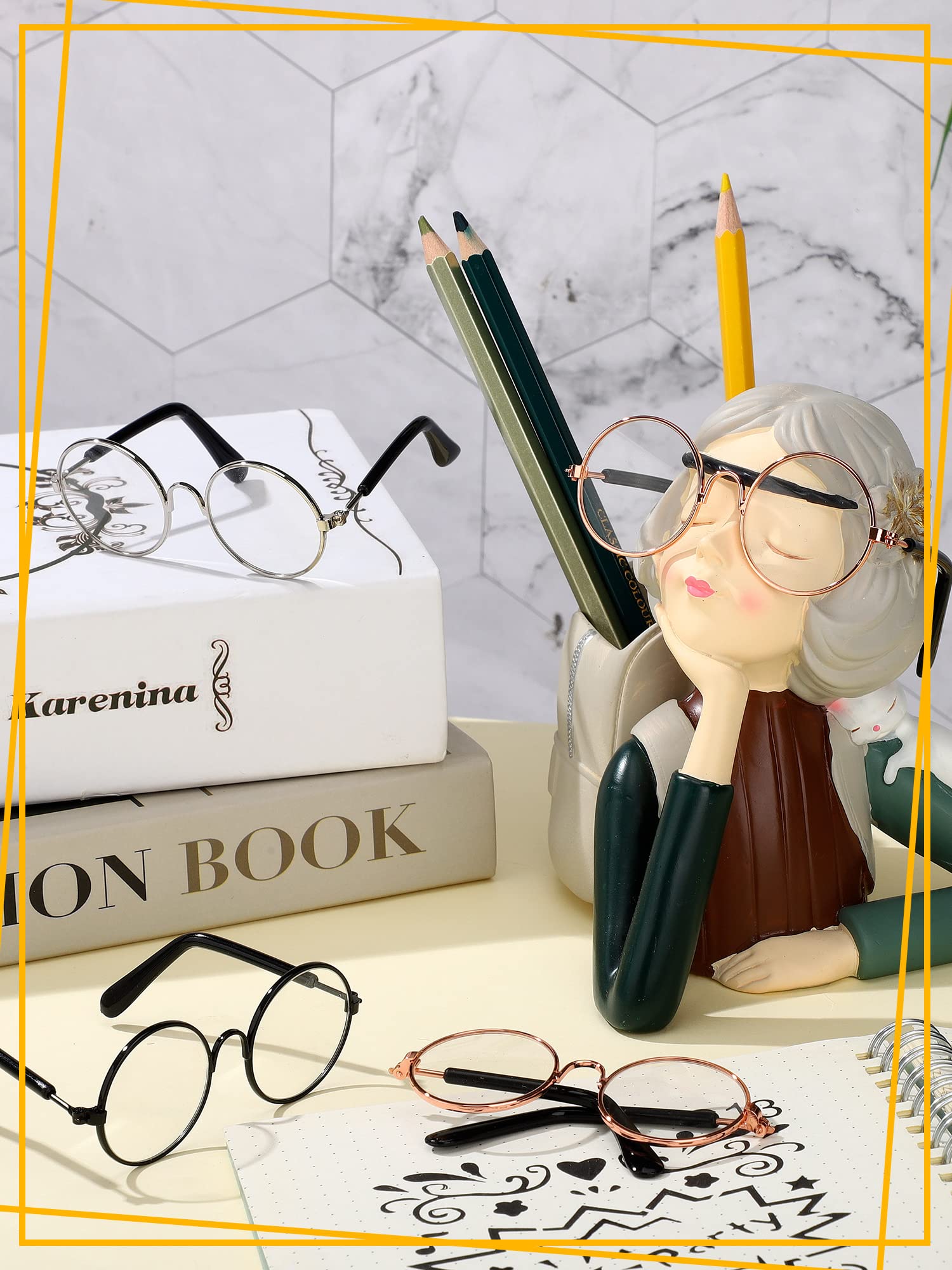 Lothee Mini Doll Glasses Metal Wire Rim Clear Eyewear Fabric Doll Dress up Eyeglasses Classic Retro Sunglasses for Crafts Dolls Pets Costume Cosplay (6 Pair)