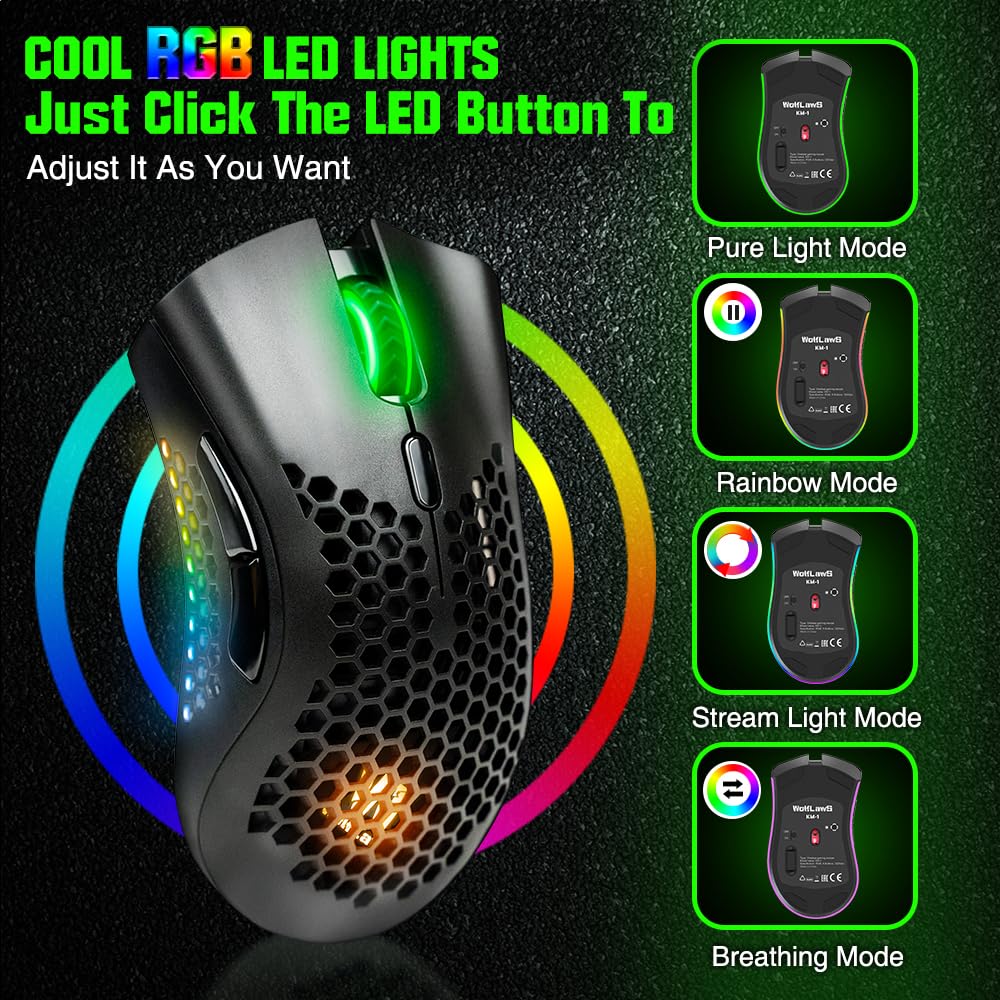 WolfLawS KM-1 Gaming Mouse, Wireless Mouse Gaming Computer Mice USB with Honeycomb Shell, 6 Programmed Buttons, 3 Adjustable DPI, Ergonomic RGB Optical Mouse - Green