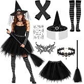 Yotako Witch Costume Women, 8 PCS Halloween Costume with Hat Tutu Broom Striped Thigh Socks Gloves Tattoo Necklace Lace Eye Mask, Suitable for Gothic Cosplay Costume Parties and Dress Up, Black