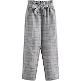 WDIRARA Girl's Plaid Paper Bag Waist Belted Pants Casual High Waist Pants