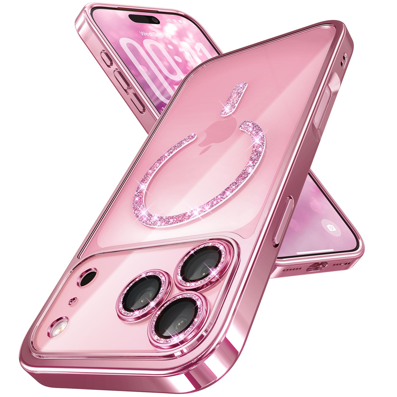 Photo 1 of Magnetic for iPhone 17 Pro Case with Glitter Integrated Lens Protection, [Glossy Bumper & Shiny Magnetic Ring] [Compatible with Magsafe] Cute Women Girly Protective Phone Case for iPhone 17 Pro Pink