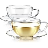 Teabloom Kyoto Teacup and Saucer Set 2-Pack – Standard Teacup Size – 6 OZ/ 180 ML Capacity – Crystal Clear Design –– Premium Borosilicate Glass – Heat Resistant, Microwave Safe