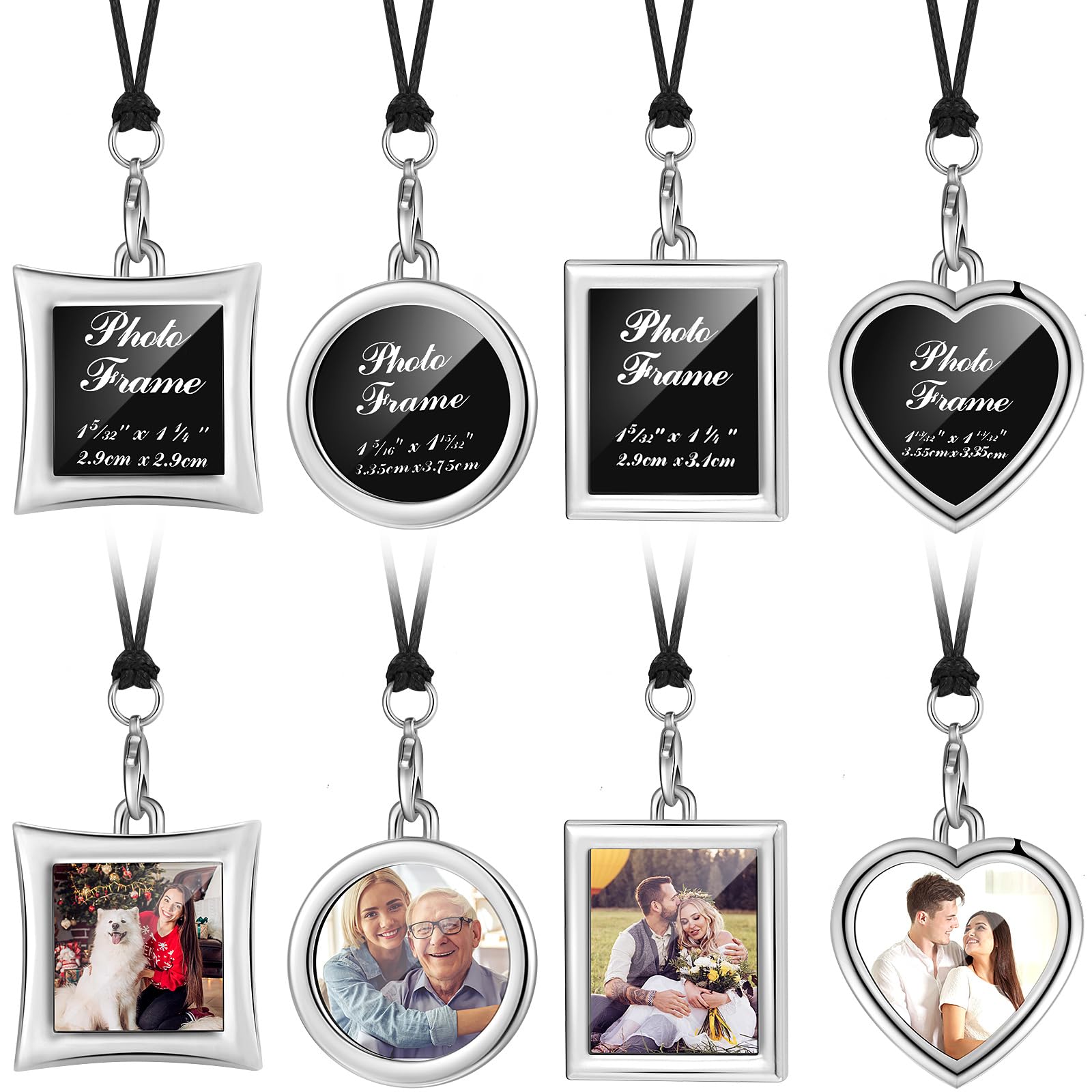 Hicarer 4 Pcs Car Rearview Mirror Hanging Ornament Picture Photo Keychain Frame Metal Locket with 4 Pcs Wax Rope