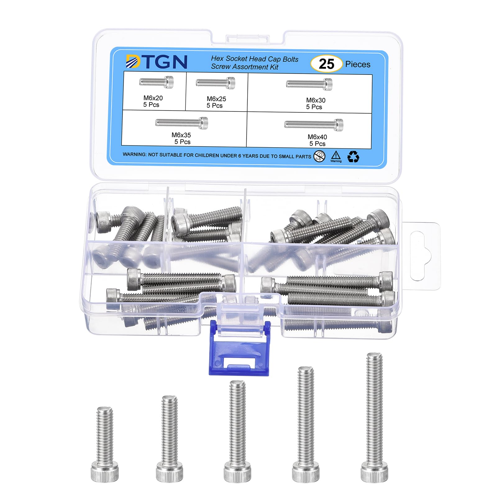 DTGN 25Pcs M6 Metric Screw Assortment, M6 Bolts Socket Head Screws, 304 Stainless Steel M6x20/25/30/35/40mm Hex Socket Head Cap Screws Bolt Set for 3D Printing DIY