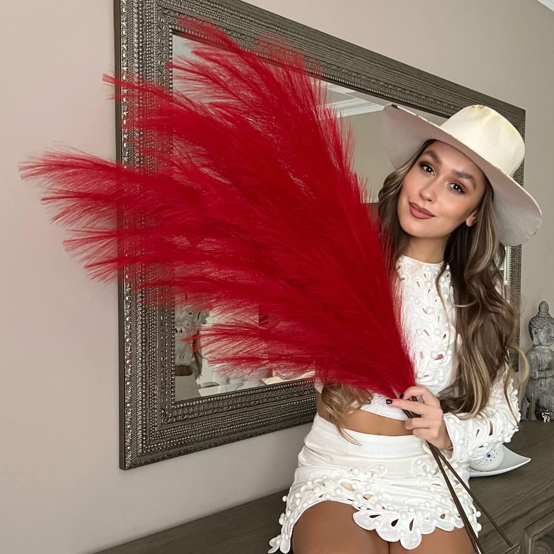 VOULUX Extra Large Tall Red Fake Faux Artificial Pampas Grass Large Fluffy x3 115cm Stems x18 Decorative Artificial Flora Feathers For Floor Vases Tall Red Plant Flowers Long Pampas Grass