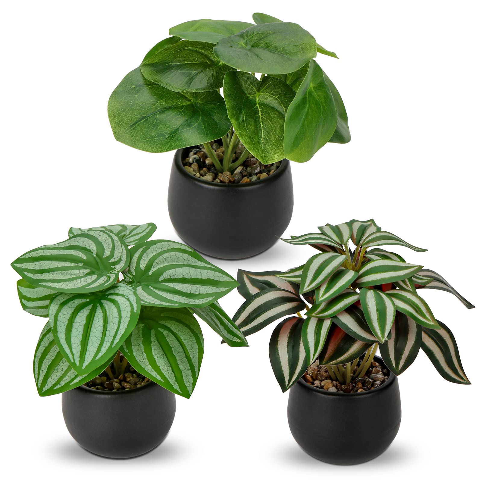 Briful Set of 3 Small Artificial Plants in Ceramic Pot, Fake Plants Watermelon Peperomia, Faux Potted Plant Tradescantia, Pilea Green Plant Artificial for Home Bathroom Bedroom Desk Décor