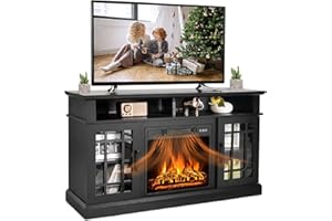 SIMOE Modern 48 Inch Electric Fireplace TV Stand, TV Console for TVs with 18 Fireplace up to 55 Inch with 2 Open Shelves and Cabinets w/Doors, Remote Control, Black