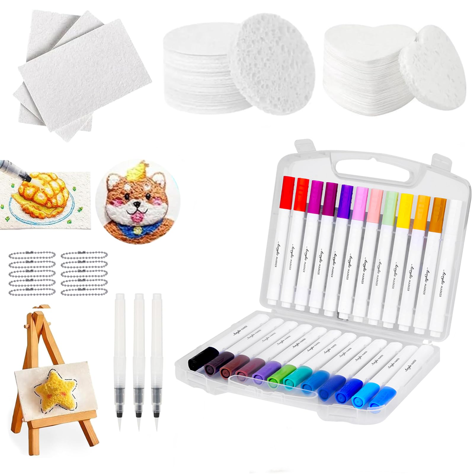 Ruichi 48 Pcs Magic Foam Texture Painting Kit, Magic Puffy Paint 3D Drawing Canvas Sponge, 3D Drawing Set, with 10 Canvas Sponge, 24 Colored Pens, 3 Water Pens, 10 Bead Chain and 1 Mini Easel