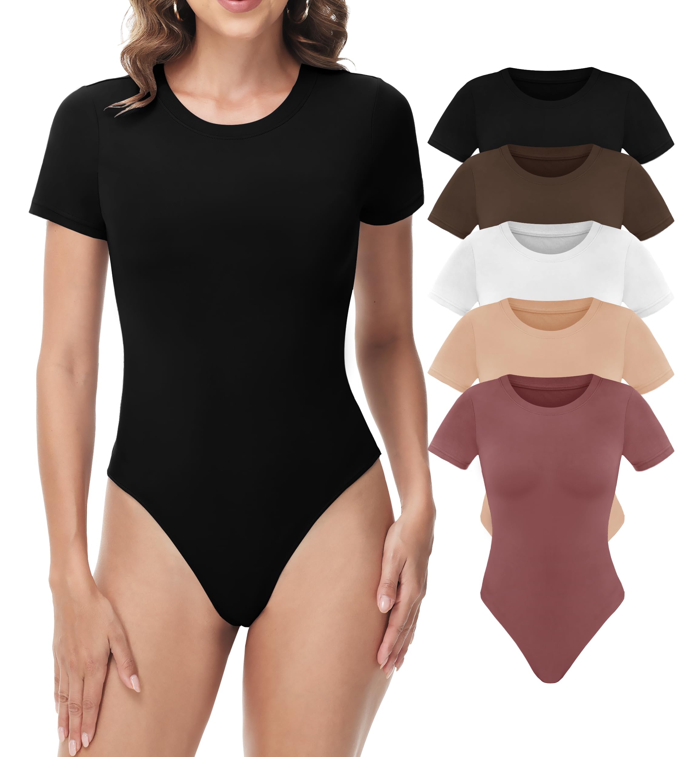 Photo 1 of 5 Pack Body suits for Women - Stretchy Bodysuit Womens Tops Round Neck Body Suit T Shirts for Women Going Out Tops