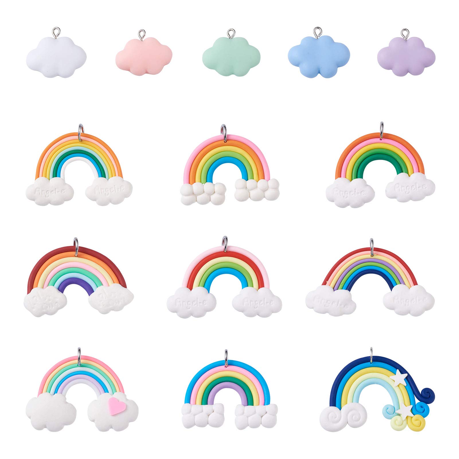 Cheriswelry 28pcs Resin Rainbow Cloud Pendants Kawaii Flat Back Polymer Clay Rainbow Charms Dangle Beads for Jewellery Crafts Keychain Making