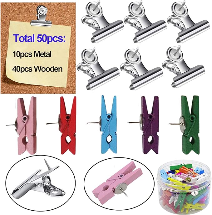 Bulletin Board Pins, Wooden Push Pin Clips for Cork Board Documents