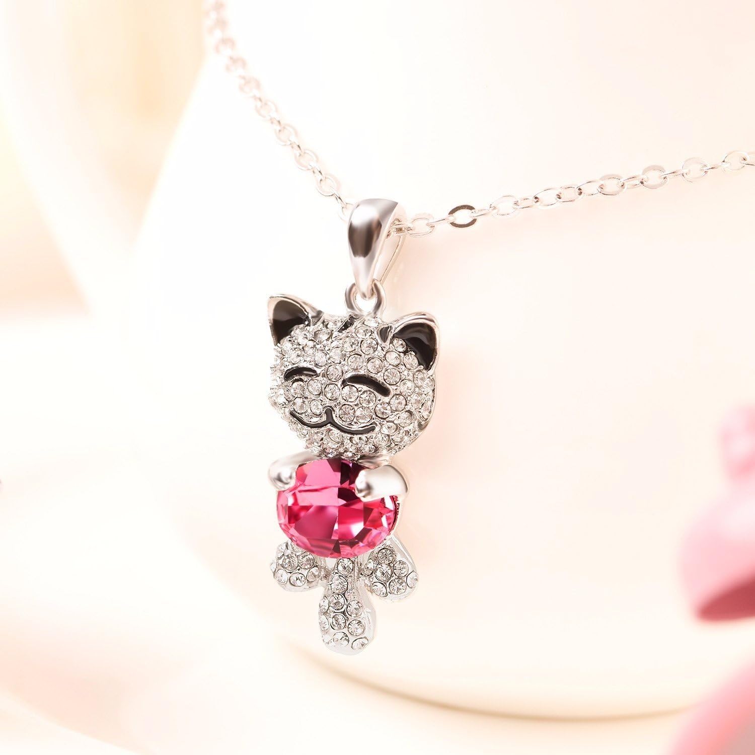 Caperci Cute Lucky Cat SWAROVSKI ELEMENTS Pink Crystal Pendant Necklace - Christmas Jewelry Gift for Daughter Girls: Caperci: Clothing