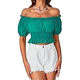 LYANER Women's Off Shoulder Short Sleeve Pleated Ruffle Trim Crop Top Blouse Shirt